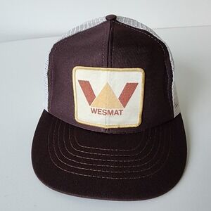 Vintage 80s Wesmat Trucker Hat Mesh Baseball Cap Snap Back Patch Brown Beige‎
